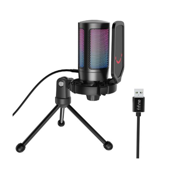 Picture of FIFINE MIC A6V Ampligame USB RGB Microphone with Pop Filter - Shock Mount - Round Stand